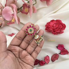 Vriksham Round Floral Kundan Jadau Jhumkas-Green Bead-J3594