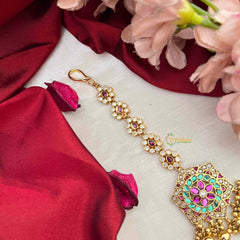 Vriksham Vintage Meenakari Round Kundan Jadau Maang Tikka-Gold Bead-J4245