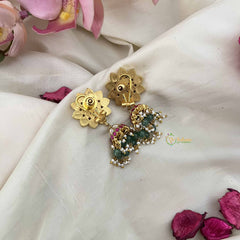 Vriksham Round Floral Kundan Jadau Jhumkas-Green Bead-J3594