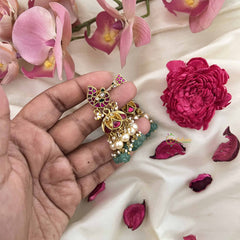 Vriksham Antique Peacock Style Kundan Jadau Jhumkas-Green Bead-J3595