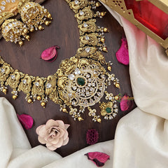 Vriksham Elegant AD Stone Dual Elephant Peacock Long Neckpiece-Gold Bead-G17876