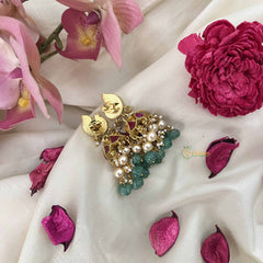 Vriksham Antique Peacock Style Kundan Jadau Jhumkas-Green Bead-J3595