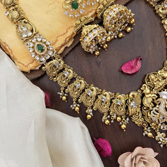 Vriksham Elegant AD Stone Dual Elephant Peacock Long Neckpiece-Gold Bead-G17876