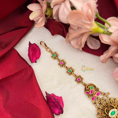 Vriksham Premium Bold Green & Red With Floral Drop Kundan Jadau Maang Tikka-J4243