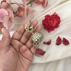 Vriksham Elegant Peacock Style Kundan Jadau Jhumkas-White-Green Bead-J3596