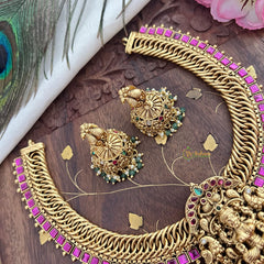 Vriksham Jalebi Style Lakshmi Dual Peacock Short Neckpiece-Pastel Green Bead-G18151