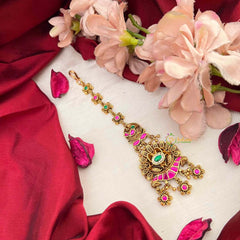 Vriksham Premium Bold Green & Red With Floral Drop Kundan Jadau Maang Tikka-J4243