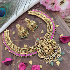 Vriksham Jalebi Style Lakshmi Dual Peacock Short Neckpiece-Pastel Green Bead-G18151