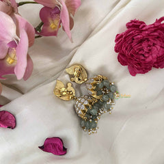Vriksham Elegant Peacock Style Kundan Jadau Jhumkas-White-Green Bead-J3596