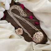 Vriksham AD Stone Lakshmi With Dual Elephant Pendant Rice Pearl Mala-Red-G17126