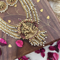 Vriksham Gold Look Alike Krishna Pendant 4 Layer Pearl Short Neckpiece-Red-G18127