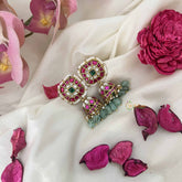 Vriksham Square Style Kundan Jadau Jhumkas-Red Green White-Green Bead-J3598
