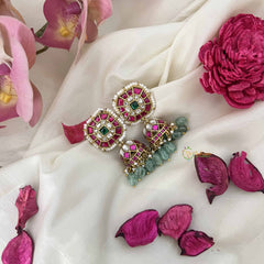 Vriksham Square Style Kundan Jadau Jhumkas-Red Green White-Green Bead-J3598