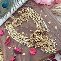 Vriksham Gold Look Alike Krishna Pendant 4 Layer Pearl Short Neckpiece-Red-G18127