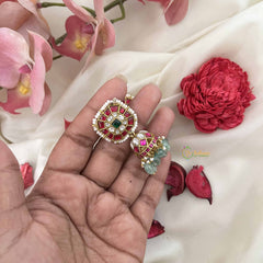 Vriksham Square Style Kundan Jadau Jhumkas-Red Green White-Green Bead-J3598