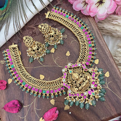 Vriksham Jalebi Style Lakshmi Pendant Short Neckpiece-Red Green-Pastel Green Bead-G18128