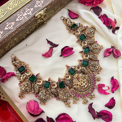 Green AD Stone 1 gm Gold Lakshmi Peacock Neckpiece-G14336