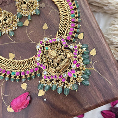 Vriksham Jalebi Style Lakshmi Pendant Short Neckpiece-Red Green-Pastel Green Bead-G18128