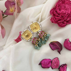 Vriksham Square Style Kundan Jadau Jhumkas-Red Green White-Green Bead-J3598