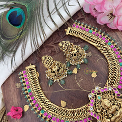 Vriksham Jalebi Style Lakshmi Pendant Short Neckpiece-Red Green-Pastel Green Bead-G18128