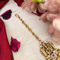 Vriksham Premium Lakshmi Style Kundan Jadau Maang Tikka-Green Bead-J4254