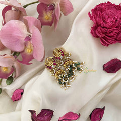 Vriksham Lakshmi With Half Moon Style Kundan Jadau Jhumkas-Red White-Green Bead-J3599