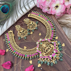 Vriksham Jalebi Style Lakshmi Pendant Short Neckpiece-Red Green-Pastel Green Bead-G18128