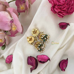 Vriksham Lakshmi With Half Moon Style Kundan Jadau Jhumkas-Red White-Green Bead-J3599