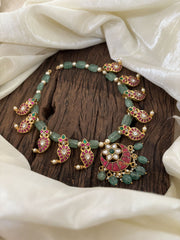 Green Bead Jadau Kundan Maanga Short Neckpiece -J1860