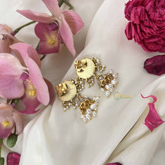 Vriksham Floral With Half Moon Style Kundan Jadau Jhumkas-White-Pearl-J3600