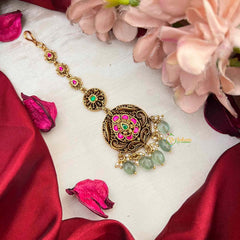 Vriksham Classic Leaf Pear Style Kundan Jadau Maang Tikka-Green Bead-J4252