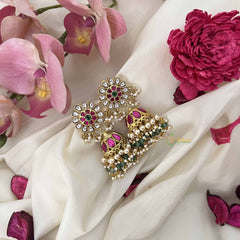 Vriksham Antique Floral Style Kundan Jadau Jhumkas-Red Pear Drop-Pearl-J3601