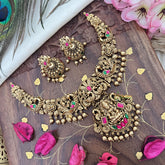 Vriksham Gold Look Alike Lakshmi with Dual Peacock Short Neckpiece-Red Green-Gold Bead-G18130