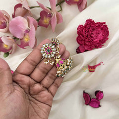 Vriksham Antique Floral Style Kundan Jadau Jhumkas-Red Pear Drop-Pearl-J3601