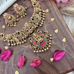 Vriksham Gold Look Alike Lakshmi with Dual Peacock Short Neckpiece-Red Green-Gold Bead-G18130