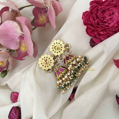 Vriksham Antique Floral Style Kundan Jadau Jhumkas-Red Pear Drop-Pearl-J3601