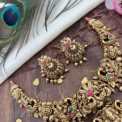 Vriksham Gold Look Alike Lakshmi with Dual Peacock Short Neckpiece-Red Green-Gold Bead-G18130