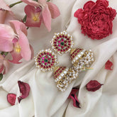 Vriksham Floral Stud Jhumkas With Ruby Dome & Pearl Cluster Drops Jadau Jhumkas-J3602