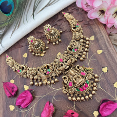 Vriksham Gold Look Alike Lakshmi with Dual Peacock Short Neckpiece-Red Green-Gold Bead-G18130