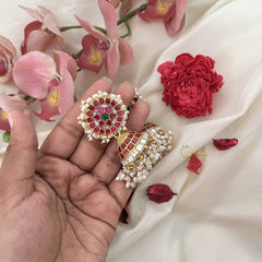 Vriksham Floral Stud Jhumkas With Ruby Dome & Pearl Cluster Drops Jadau Jhumkas-J3602