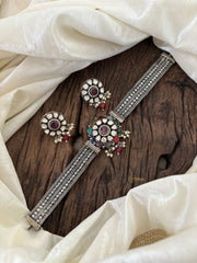 Silver Look Alike Jadau Kundan High Neck Choker -Navrathna-J1830