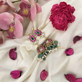 Vriksham Lotus With Green Beads & Pearl Drops Jadau Jhumkas-J3603