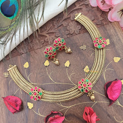 Vriksham Gold Look Alike Floral Addigai Short Neckpiece-Red Green-G18131