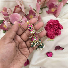 Vriksham Lotus With Green Beads & Pearl Drops Jadau Jhumkas-J3603