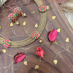 Vriksham Gold Look Alike Floral Addigai Short Neckpiece-Red Green-G18131