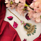 Vriksham Divine Goddess Motif Lakshmi Kundan Jadau Maang Tikka-Red White-Green Beed-J4231