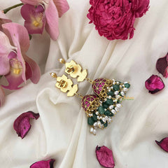 Vriksham Lotus With Green Beads & Pearl Drops Jadau Jhumkas-J3603