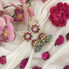 Vriksham Elegant Floral Style With Pearl Border Jadau Jhumkas-Green Bead-J3604