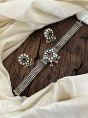 Silver Look Alike Jadau Kundan High Neck Choker -Turquoise and Red -J1831