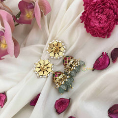 Vriksham Elegant Floral Style With Pearl Border Jadau Jhumkas-Green Bead-J3604